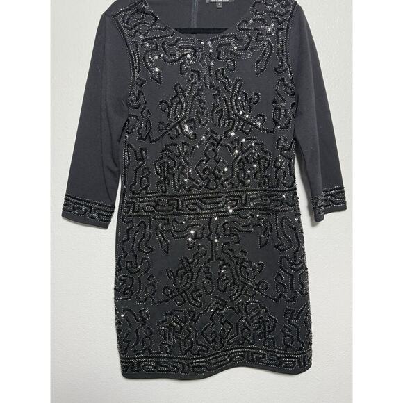 Gianni Bini Sequins Beaded Black Mini Dress 3/4 Sleeve Zip Back Size Large - Picture 2 of 8